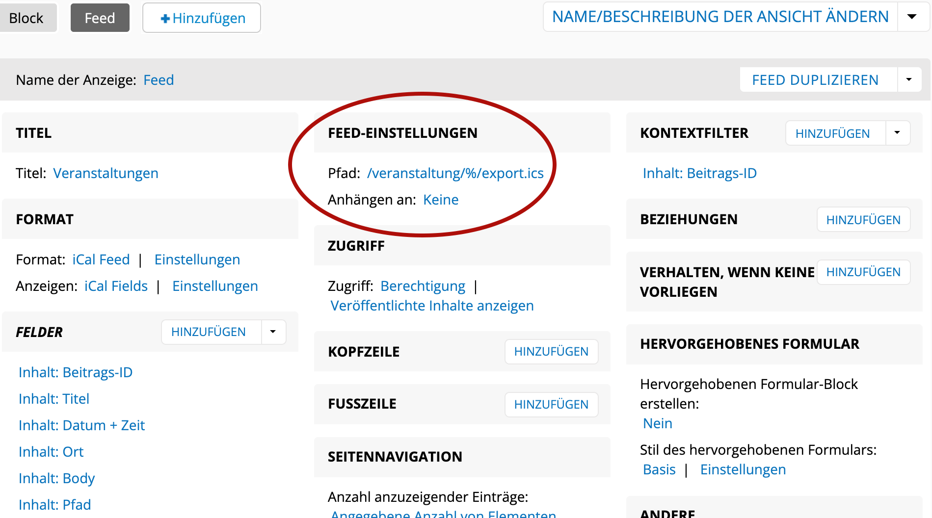 Bildschirmfoto der Feed-Einstellungen mit Pfad
