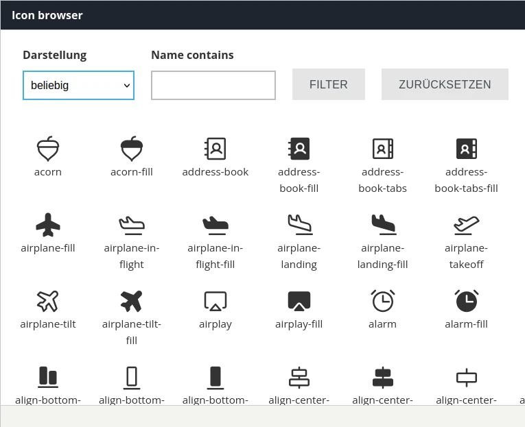 Geöffneter Icon Picker Dialog mit vielen Icons