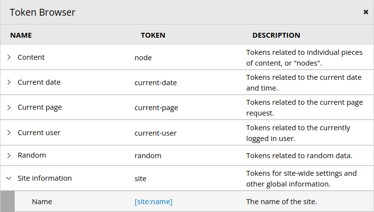 Bildschirmfoto des Token-Browser Dialogs