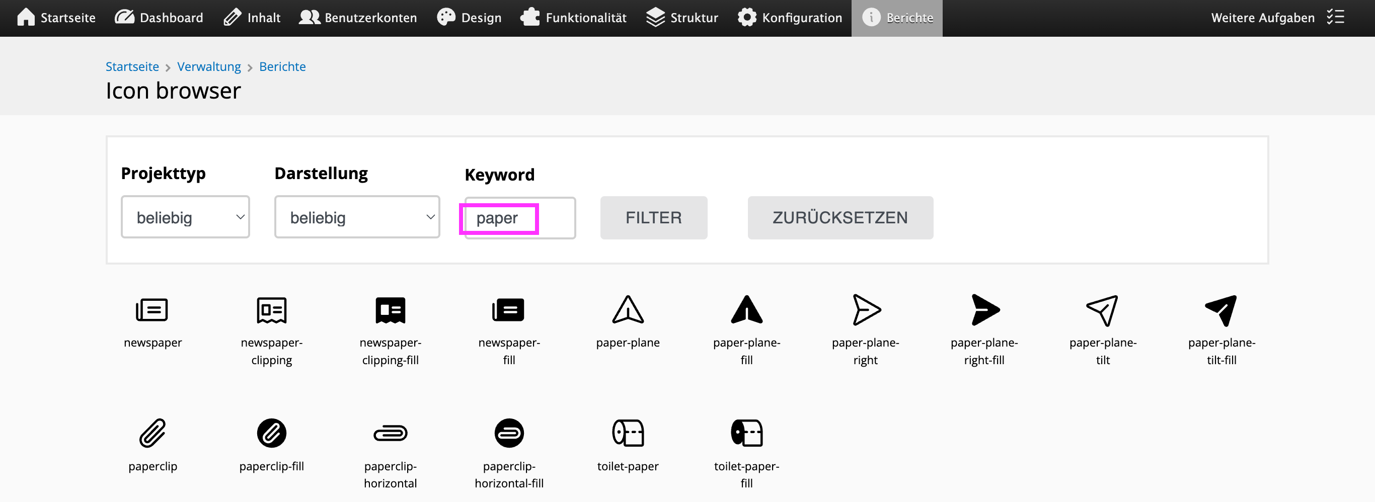 Bildschirmfoto: Icon-Browser mit Filter