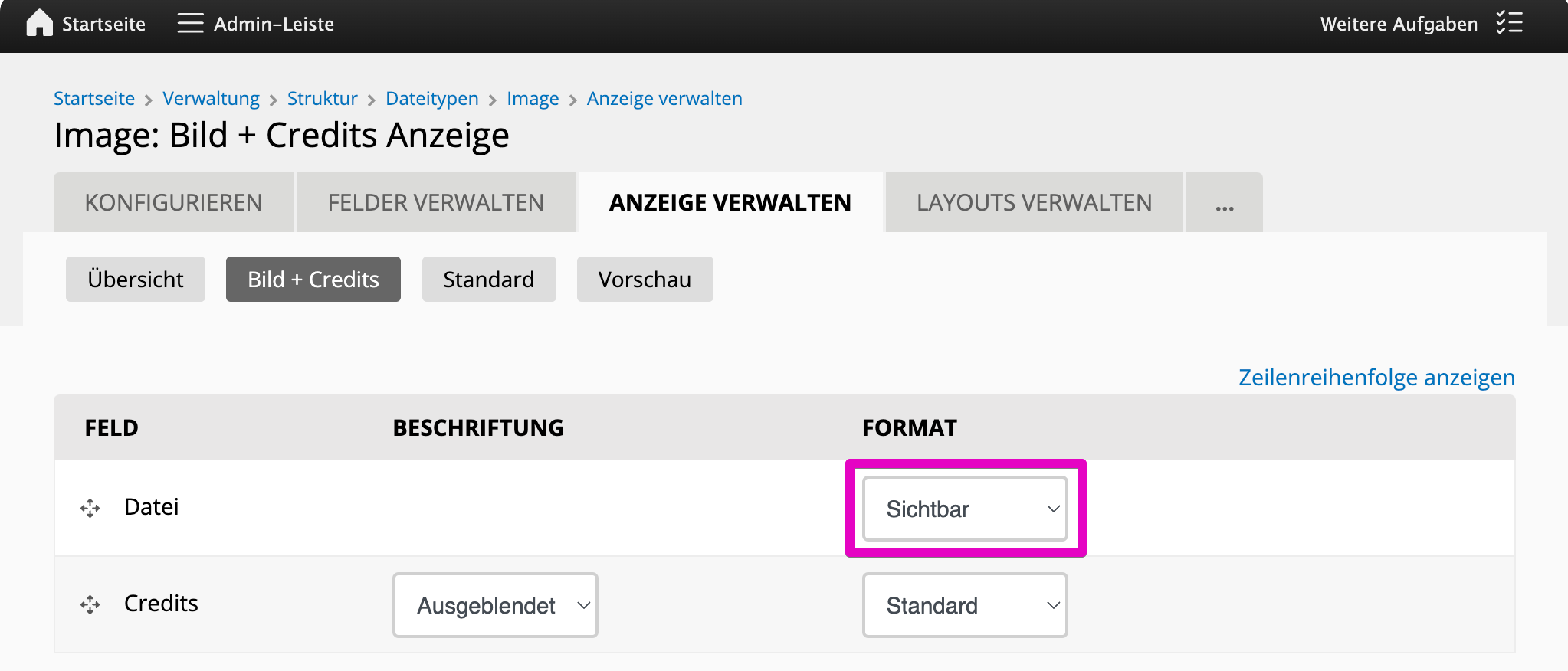 Bildschirmfoto: Ansichtsmodus für Bild und Credits