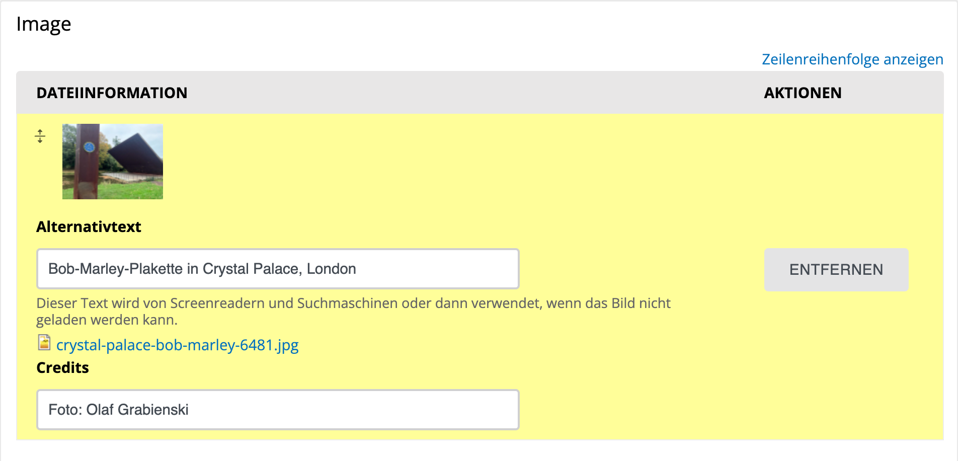 Bildschirmfoto: Beitragsformular mit Bild und Credits