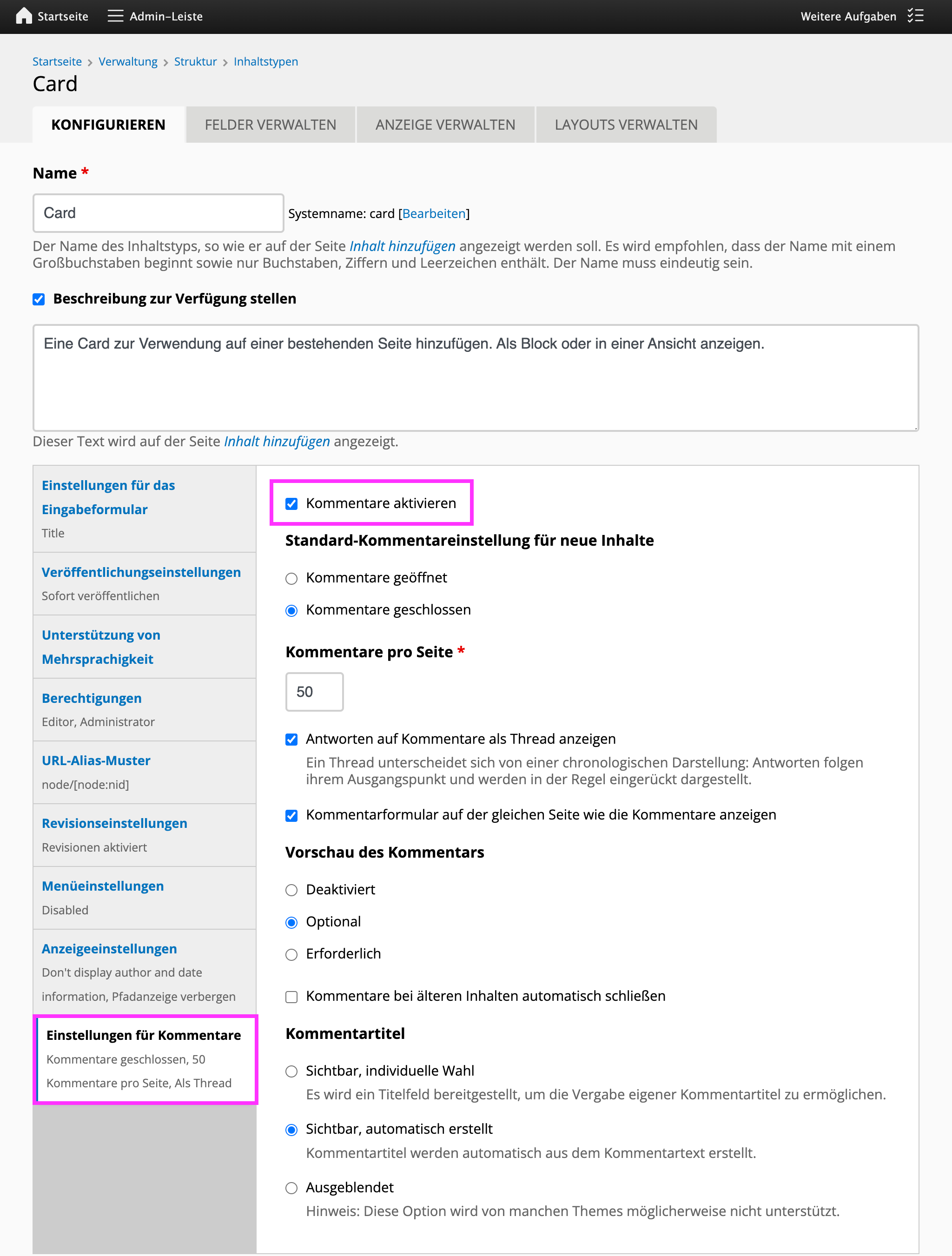 Bildschirmfoto: Kommentare sind aktiviert
