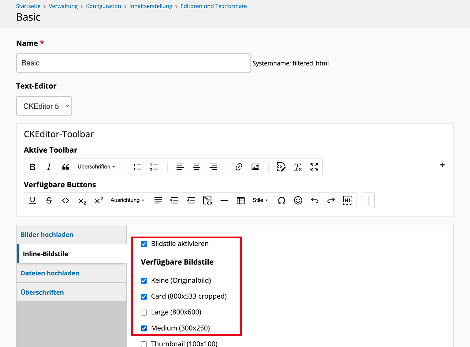 Textformat-Konfiguration für Bildstile