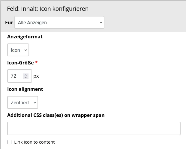 Teil des geöffneten Ansichten-Dialogs mit Einstellungen