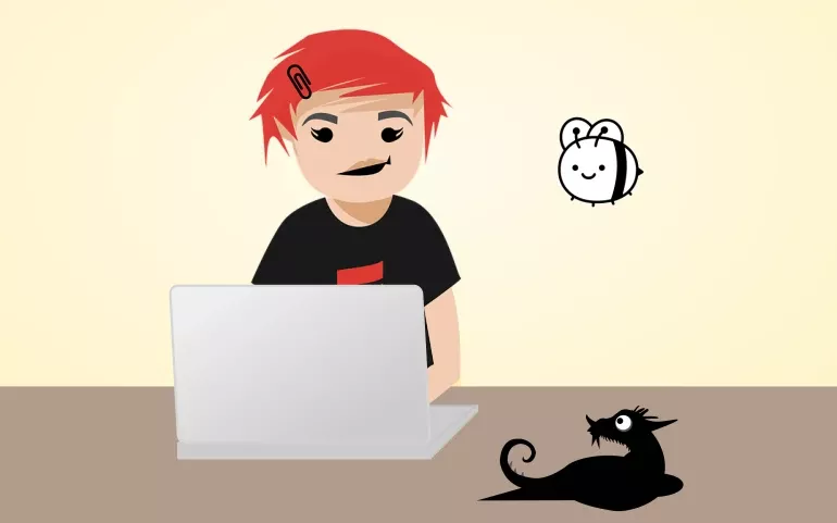 Illustration: Eine Entwicklerin im schwarzen T-Shirt sitzt am Laptop. Neben ihr fliegt das Bee-Maskottchen, ab Schreibtisch lümmelt sich DragonDrop, das Backdrop Maskottchen